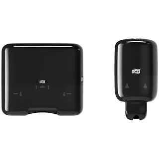 Tork 553108 Mini Spender für H3 Zickzack und Lagenfalz Handtücher im Elevation Design, Schwarz & Mini Seifenspender für Flüssigseife, Shampoo, Lotion und Toilettensitzreiniger, schwarz