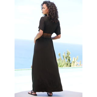 Strandkleid LASCANA "mit Spitzeneinsätzen, aus bügelfreier Qualität", Damen, Gr. 36, N-Gr, schwarz, Jersey, Obermaterial: 95% Polyester, 5% Elasthan. Spitze: 100% Polyester, unifarben, figurumspielend lang, tiefer V-Ausschnitt, Kleider Strandkleid, Beachkleid, Cover-up, Boho-Kleid, Festival, Topseller