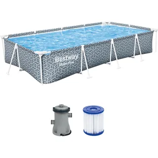 Bestway Steel Pro Frame Pool Set mit Filterpumpe 366 x 201 x 66 cm, Blattform-Design, eckig