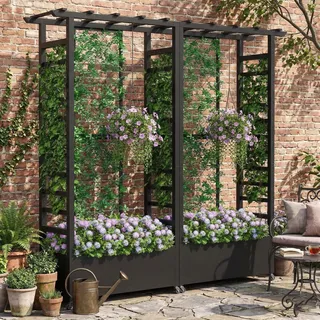Hochbeet mit Rankgitter und Hängedach, wetterfester Metall-Pflanzkasten mit 4 Rollen und 2 seitlichen Rankgittern für Kletterpflanzen, mobiler Sichtschutz für Terrasse, Balkon und Garten