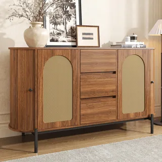MODFU multifunktionaler Sideboard mit 2 Schiebetüren Ovaler Aufbewahrungsschrank mit Schubladen und Metallbeinen verstellbare Fächer Viel Stauraum Für Esszimmer oder Wohnzimmer geeignet Nussbaum - Braun