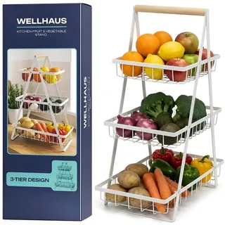 WELLHAUS Obst Etagere mit 3 Etagen – Obstkorb Aufbewahrung für Küchenarbeitsplatte , Fruits Basket & Gemüse Obstetageren 3 Stöckig , Mehrstöckig Gemüseaufbewahrung , Metall Küche Obstkörbe (Weiß)