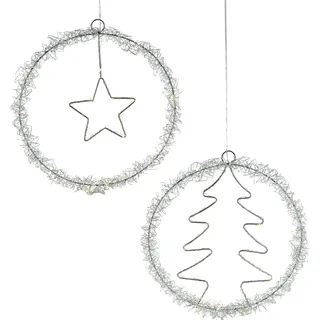 NOOR LIVING Dekolicht »LED Weihnachtsdeko, Ø 33 cm, Dekohänger aus Metall« 2 Stk. Warmweiß im 2er Set (bestehend aus 1x Baum und 1x Stern), Fensterdeko, silberfarben
