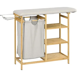 Fortuna Lai Wäschekorb 57,4 L Wäschesammler mit Bügelbrett und Bügeleisen, Wäschebox mit 3-Ebenen-Regal, ausziehbar und abnehmbare Tasche - Naturbelassen
