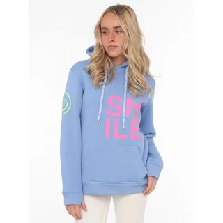Hoodie ZWILLINGSHERZ "Alissa", Damen, Gr. SM (S/M), blau (hellblau), Sweatware, Obermaterial: 50% Baumwolle, 50% Polyester, unifarben, normal hüftlang, hoch geschlossener Ausschnitt, Bündchen, Sweatshirts Hoodie, Langarm, Kapuze, Neon-Details, Kordelzug, Frontprint, Kängurutasche