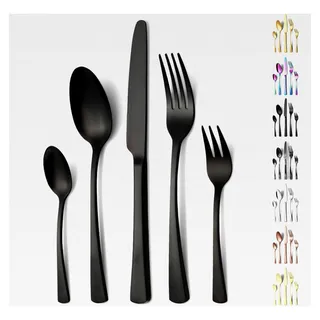 30-teiliges Besteckset für 6 Personen, Edelstahl Besteckset mit Gabel, Messer, Löffel, spülmaschinenfest, elegantes matt-schwarzes Design