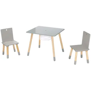 roba Kindersitzgruppe aus Holz mit Stauraum - Kindermöbel Set aus 2 Kinderstühlen & 1 Tisch - Kindertisch Set inkl. Aufbewahrungsnetz - Grau / Natur