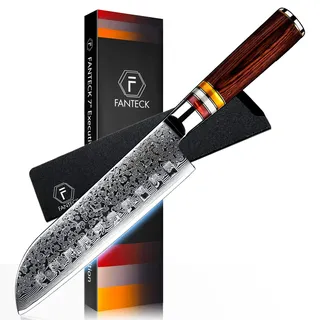 Damast Santokumesser 18cm, VG-10 Cored 67 Schichten Japanischen Damaststahl Profi Kochmesser, Extra Scharfe Santoku Damastmesser Küchenmesser mit Ergonomischer Holzgriff für Haushalt und Restaurant