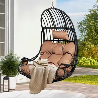 YITAHOME Rattan Hängesessel 150kg, mit Kissen & Getränkehalter, Braun