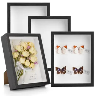Hacaroa Set mit 4 Schattenbox-Bilderrahmen, 22 x 17 cm, Holzrahmen, Memory-Vitrine, 3 cm Tiefe Schattenboxen für Blumen, Erinnerungsstücke, Kunsthandwerk, Fotos, Medaillen und Tickets, Schwarz