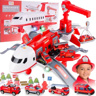 MalPlay Falt-Flugzeug Parkhaus und kran | 4x Feuerwehr Autos | Lernspielzeug | Flughafen Licht Sound | Kinder ab 3 Jahren