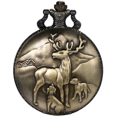 JewelryWe Taschenuhr Retro 3D Elch Familie Quarz Analog Uhr mit Kette Halskette Bronze Geschenk für Herren Damen