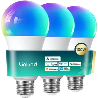Linkind E27 Matter smart glühbirne 1600lm smart homekit lampe (104 Szenen) 14W ersetzt 100W WLAN LED Lampe RGBTW 2,4-GHz kompatibel Apple HomeKit/Alexa/Siri/Google/SmartThings, A67,3 Stück