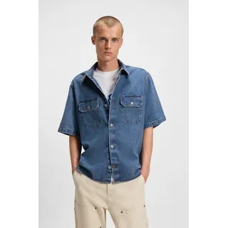 Jeanshemd HUGO BLUE "Ekyno", Herren, Gr. L, N-Gr, blau (navy416), Web, Obermaterial: 100% Baumwolle, unifarben, oversize hüftlang, Rundhals, abgesteppte Kante, Hemden Jeanshemd, in oversize Form