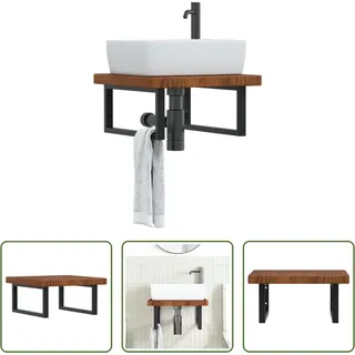 The Living Store Waschtischplatte mit Halterung Stahl und Massivholz Eiche - Braun