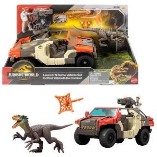 Mattel Jurassic World: Die Wiedergeburt Fahrzeug mit 1 menschlicher Figur und 1 Dinosaurier-Figur, 27 cm, mehrfarbig