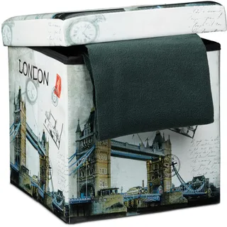 Relaxdays Faltbarer Sitzhocker 38 cm stabiler Sitzwürfel mit trendigen Motiven als praktische Fußablage als Sitzwürfel mit bedrucktem Kunstleder als Aufbewahrungsbox mit Stauraum und Deckel, London