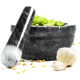 Coninx Mörser mit Stößel – 15 cm Steinmörser aus Naturstein in Anthrazit – Gewürzmörser für Pesto, Guacamole & Kräuter – Hochwertiger Marmor Mörser & Stößel Set – Rutschfeste Basis