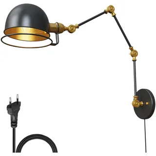 HMAKGG Vintage Wandlampe mit Stecker, Industrial Wandleuchte Innen mit Schalter und Schwenkarm, 260° Drehbare Nachttischlampe Wand, E27 Verstellbare Wandleuchte Schlafzimmer, Schwarze