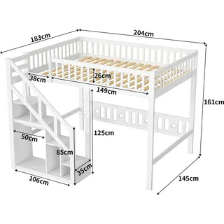Kinderbett - Hochbett 140x200 cm - Mit Treppe - Rausfallschutz - Stauraum - Massivholz - Weiß