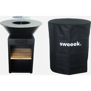 sweeek - Feuerschale Ø81,5cm, mit Plancha und Grillrost, Holzlagerung + Abdeckung - Schwarz