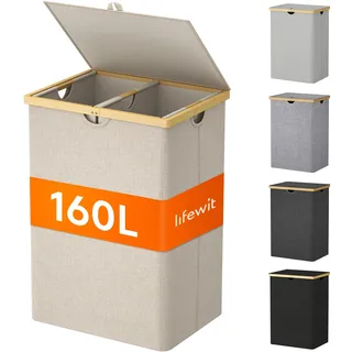 Lifewit 160L Bambus Wäschekorb mit Deckel, Faltbar Wäschesammler 2 Fächer Wäschesortierer mit Abnehmbarem Wäschesack Bambus Griffen Wäschebox Laundry Baskets für Waschküche, Schlafzimmer, Beige