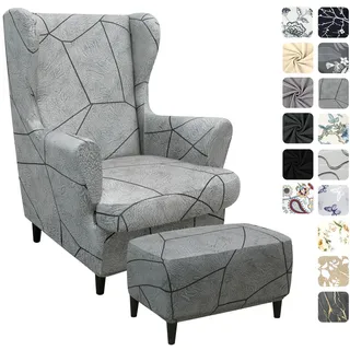 Alishomtll 3 Teilig Ohrensessel Überzug Mit Ottomane Schonbezug Stretch Sessel-Überwürfe Elastisch Sesselhusse Strandmon Tiger Stuhlbezug mit Armlehne Hohe Rückenlehne Universal (Grau Marmor)