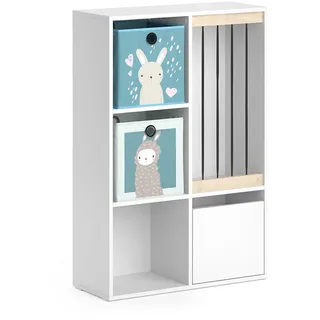 Vicco Kinderregal Luigi Weiß 29.2 x 107.8 cm mit 2 Faltboxen opt.6 , Weiß, Türkis , Holzwerkstoff , 5 Fächer , Rechteckig , 29.2x107.8x72 cm , Babymöbel & Kindermöbel, Babyzimmer, Babyregale & Kinderregale