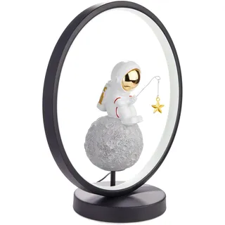 BRUBAKER Astronaut auf dem Mond mit Angel - 32 cm Tischlampe mit LED Ring - Nachttischlampe mit indirekter Beleuchtung - Handbemalt, Helm Gold - Weiß, Grau, Schwarz, Gold