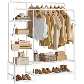 SONGMICS Kleiderständer, offener Kleiderschrank, Garderobenständer mit 7 Ablagen, Metallrahmen, Kleiderstange, für Schlafzimmer, Wohnzimmer, Eingangsbereich, weiß HSR182WG01