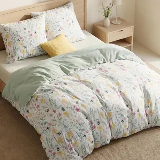 BEDSURE Bettwäsche 155x220 3teilig Bettbezug - Bettwäsche-Sets 155 x 220 cm mit 2 Kissenbezüge 80x80 cm, ÖKO-TEX Wendebettwäsche Bedding Grün Blumen Pflanze Muster für Einzelbett mit Reißverschluss