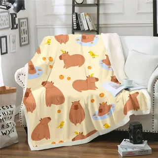 Homewish Capybaras Vlies Decke 130x150cm Nette Braune Capybaras Fuzzy Decke für Kleinkinder Teens Jugend, Cartoon Vogel Capybara Orangen Werfen Decke für Bett Couch, Gelb Braun...