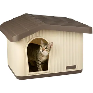 VOUNOT® Katzenhaus & Hundehütte Indoor Outdoor, Winterfest und Wetterfest, schräges Dach, mit Belüftung und rutschfesten Füßen, Haustierhaus für Katze, Hund und Kaninchen, 60 x 51 x 41 cm, Beige