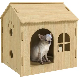 PawHut Hundehütte mit Fenster, Katzenhaus mit niedliches Pfoten-Design, Montage ohne Schrauben, für kleine Hunde unter 4 kg, Indoor, 49,5 x 41 x 51 cm, Eiche - Braun
