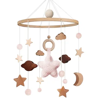 Mobile Baby - Mobile babybett Baby Spielzeug mit Häkeln Stern Mond Wolken Rosa Baby Mobile für bett | Holz Mobile Baby Windspiel Geschenk für mädchen oder Jungen