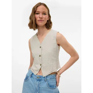 Kurzweste VERO MODA "VMCAIA SL VEST WVN NOOS", Damen, Gr. M, beige (silber lining), Web, Obermaterial: 90% Baumwolle, 10% Leinen, unifarben, normal, V-Ausschnitt, Westen Kurzweste, Baumwolle mit Leinen, figurbetonte Form