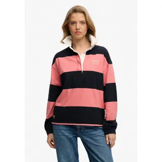 Langarm-Poloshirt SUPERDRY "HERITAGE STRIPE RUGBY TOP", Damen, Gr. XL, rosa (navy, preppy pink), Single Jersey, Obermaterial: 100% Baumwolle, gestreift, oversize normal, Rundhals, Shirts Langarm-Poloshirt, Oversize-Passform, aus Baumwolle und Single Jersey, mit Polokragen