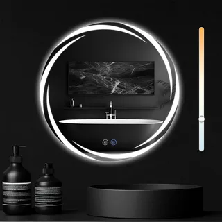 ZMH Badezimmerspiegel mit Beleuchtung Badspiegel Rund Runder 50cm LED Spiegel Touch Dimmbar Licht Beschlagfrei Rundspiegel Beleuchtet für Badezimmer - Silber
