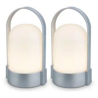 BRILONER - 2er-Set LED Tischlampen kabellos IP44 mit Touch, dimmbar in Stufen, Akku tauschbar, Nachttischlampe, LED Lampe, Campinglampe, Tischleuchte, Akku Lampe, Outdoor, 8,5x8x15,5 cm, Chrom matt