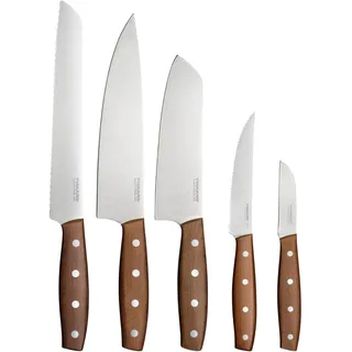 Fiskars Folken Messer-Set, 5-teilig, Kochmesser, Santokumesser, Brotmesser, Tomatenmesser und Schälmesser, Klingen aus deutschem Edelstahl, Griffe aus FSC-zertifiziertem Ahornholz, 1075688