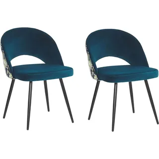 BELIANI Esszimmerstuhl 2er Set Blau Polsterbezug mit Metallbeinen und floralem Muster abgerundete Form Wohnzimmer Esszimmer Küche Modern - Blau, Schwarz, Grün