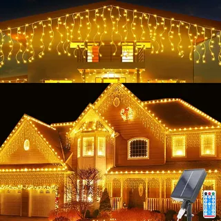 Solar Lichtervorhang Aussen, 7M Wasserdichte Vorhang Lichter, 0.8Mx32 Pcs Solar String Lichter 8 Modes 256 LED Lichterketten Vorhang mit Fernbedienung für Gartendeko Balkon Hochzeit Weihnachten
