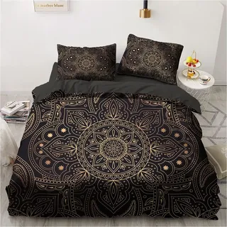Luowei Boho Bettwäsche Set 200x200cm Schwarz Gold Indisch Böhmisches Mandala Exotisch Bettbezug und 2 Kopfkissenbezüge 80 x 80cm mit Reißverschluss