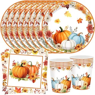 JAHEMU Partygeschirr Kürbis Herbstdeko Thanksgiving Deko Herbst Kürbis Party Geschirr Set Herbst Pappbecher Pappteller Servietten, für Herbstthemen Erntedankfest Halloween Tischdeko 16 Gäst