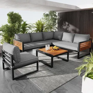 Flieks Gartenlounge Set 5-tlg, Balkonmöbel Set mit Eisenrahmen, Terassenmöbel Sets mit Metallbeinen und Kissen, Lounge Gartenmöbel 6 Personen, Grau - Grau