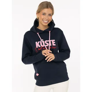Hoodie ZWILLINGSHERZ "Küste", Damen, Gr. S/M, marine, Sweatware, Obermaterial: 50% Baumwolle, 50% Polyester, comfort fit hüftlang, ohne Ausschnitt, angesetztes Bündchen, Sweatshirts Hoodie, statement Stickerei, gestreifte Kordel, Kapuze