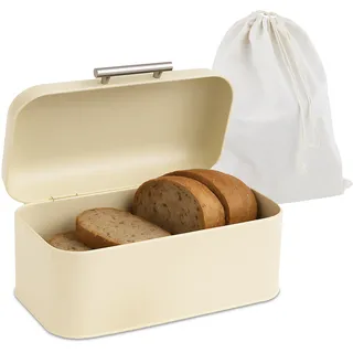 Relaxdays Brotkasten mit Brotbeuel, Brotbox mit Deckel & Griff, HBT 15,5x30x21 cm, Brotkiste Retro-Design, Metall, beige