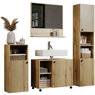trendteam smart living - PureBliss - Badezimmer Komplettset (WBU + Spiegel 80cm + Standschrank + Hochschrank) - Evoke Eiche - Rillenoptik - Aufbaumaß (BxHxT) 180 x 190 x 40cm - Metallgriffe
