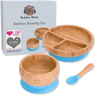 Bubba BearTM Baby Set mit Saugnapf-Schüssel, Standfeste Saug-Fütter-Teller und Löffel für Babys & Kleinkinder – kostenloses E-Book: der Bubba-Bear-Entwöhnungsguide – aus natürlichem bambus