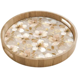OnlyWow Tablett Blumen - künstlerisch - Gold 40x40 cm , Beige , Holz , Echtholz,Eiche , Rund , 40x5x5 cm , Geschirr, Tischkultur & Serviergeschirr, Tabletts